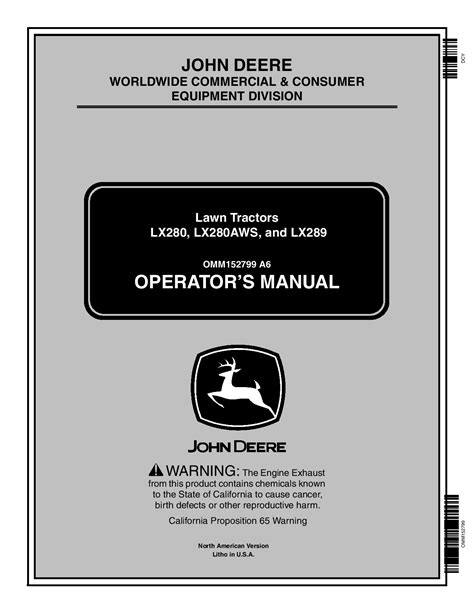 John deere lx280 owners manual - Technical Manual. This factory PDF technical manual is an essential resource for servicing the John Deere LX280, LX280AWS, and LX289 Garden Tractor models. It contains detailed information on maintenance, repair, and troubleshooting, covering topics from the engine and electrics to the transmission and steering system.